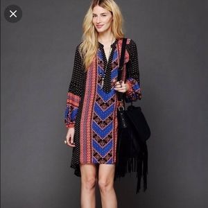 Free People PeaceMaker Black blue geo long sleeve dress L